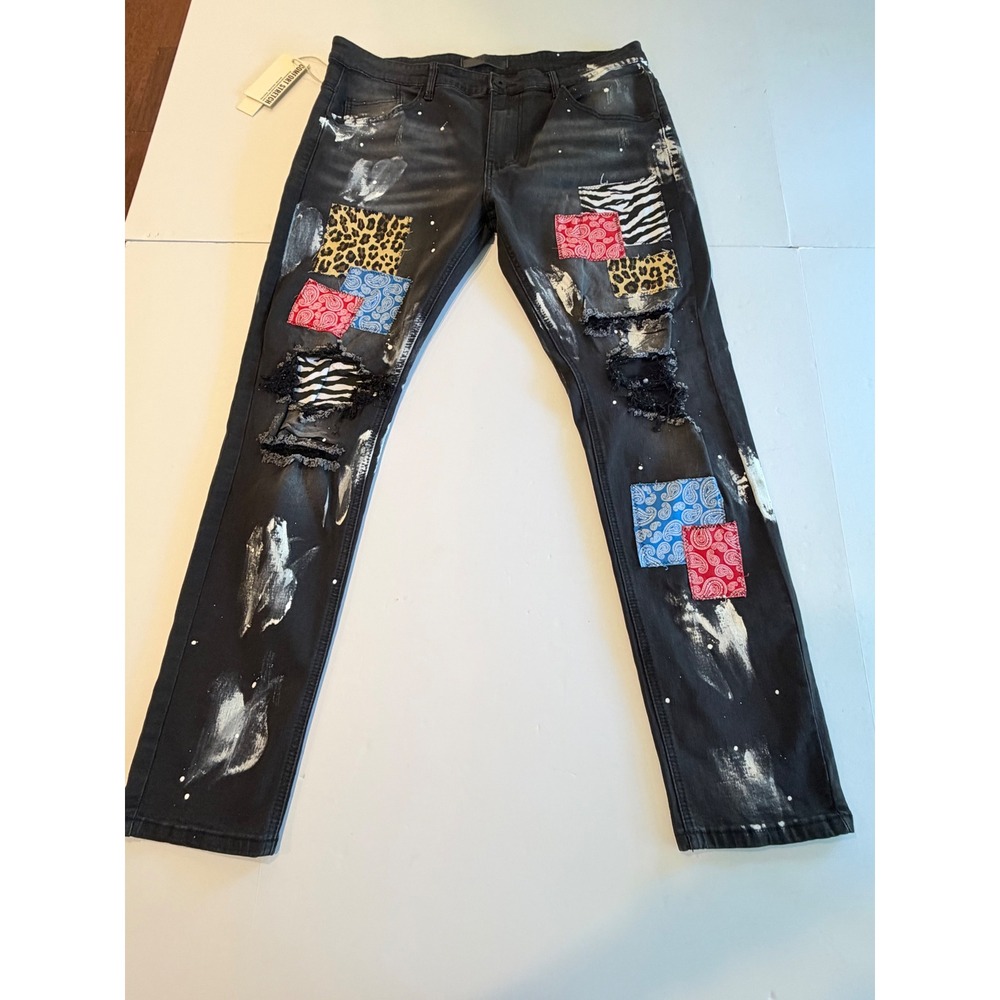 KDNK Mens Black Patchwork Distressed Skinny Jeans Paint Splatter Size 38 NWT